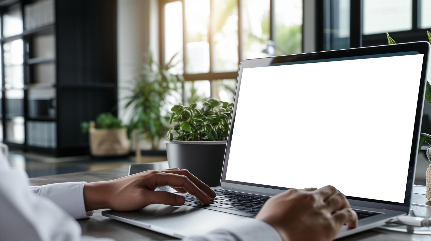 AI generated Over shoulder shot of a young man using computer laptop in front of an blank white computer screen in office photo