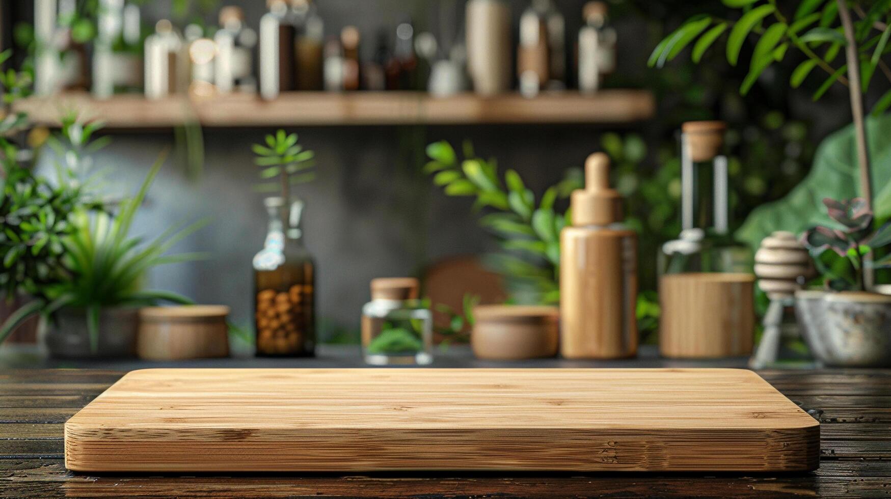 AI generated A blank bamboo tabletop with blurred eco friendly products and sustainable items in the background perfect for promoting environmentally conscious products photo