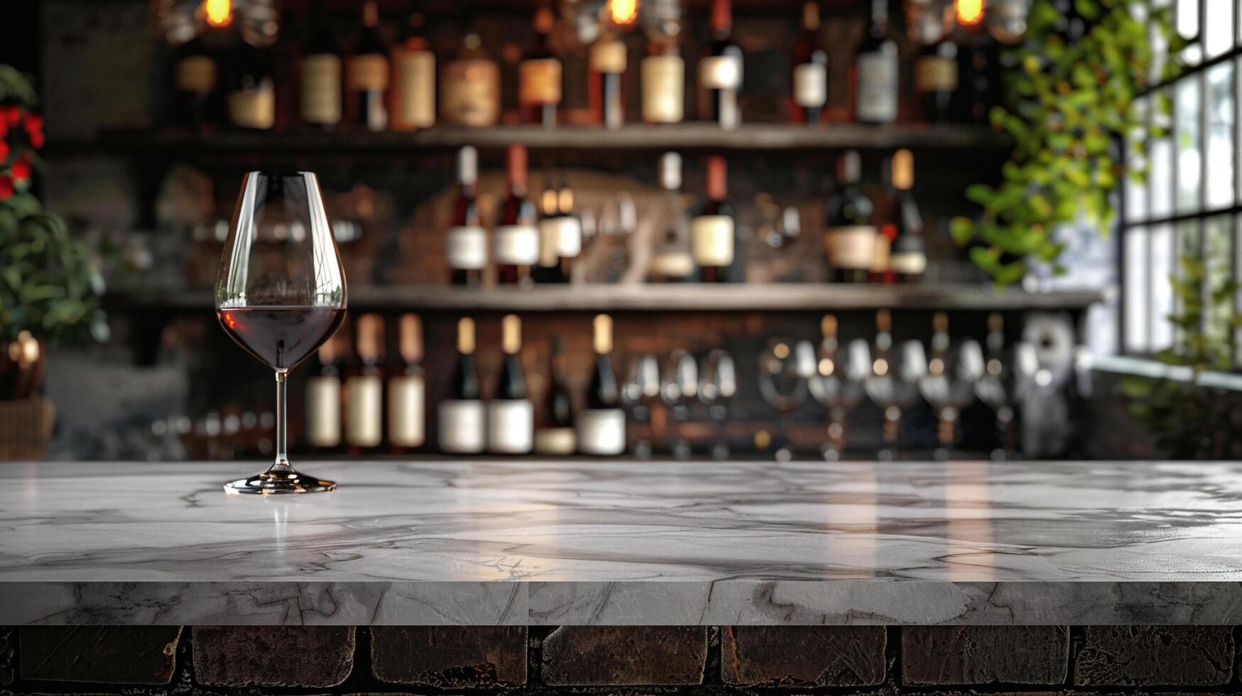 AI generated A blank marble tabletop with blurred wine glasses and bottles in the background suitable for showcasing wine or beverage products photo