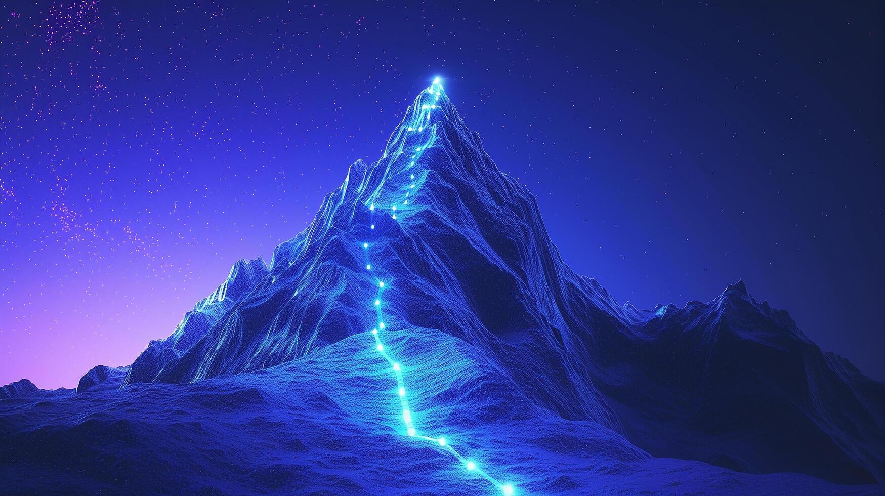 AI generated Success concept background about business success using mountain peaks and neon dot line to the top photo