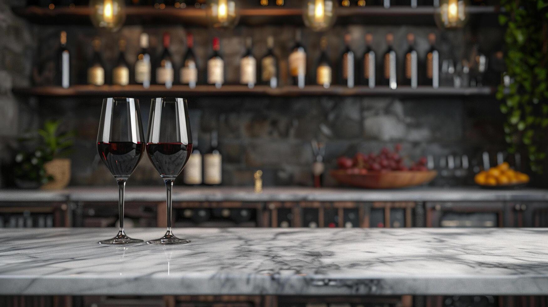 AI generated A blank marble tabletop with blurred wine glasses and bottles in the background suitable for showcasing wine or beverage products photo