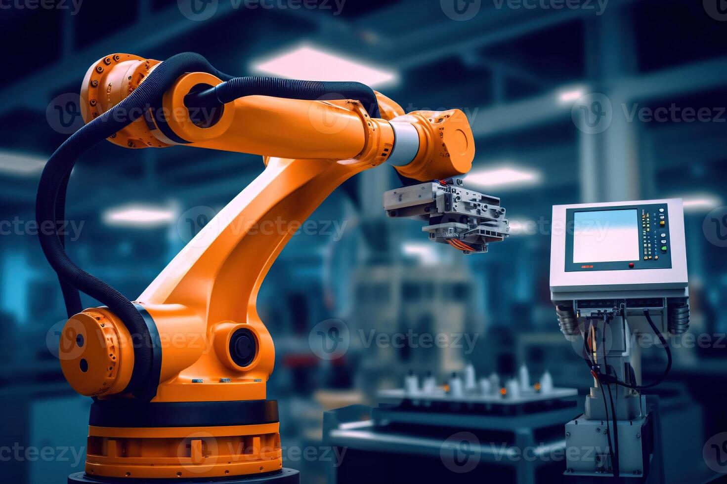 AI generated Smart Industrial Automation Advanced Robotic Arm in Modern Factory. created with Generative AI photo