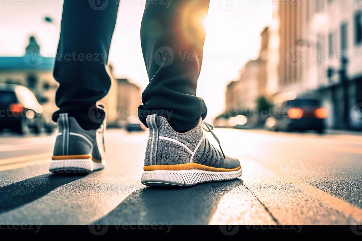 AI generated Urban Stride Close-Up of Man's Sport Sneaker Walking on Street with Confidence. created with Generative AI photo