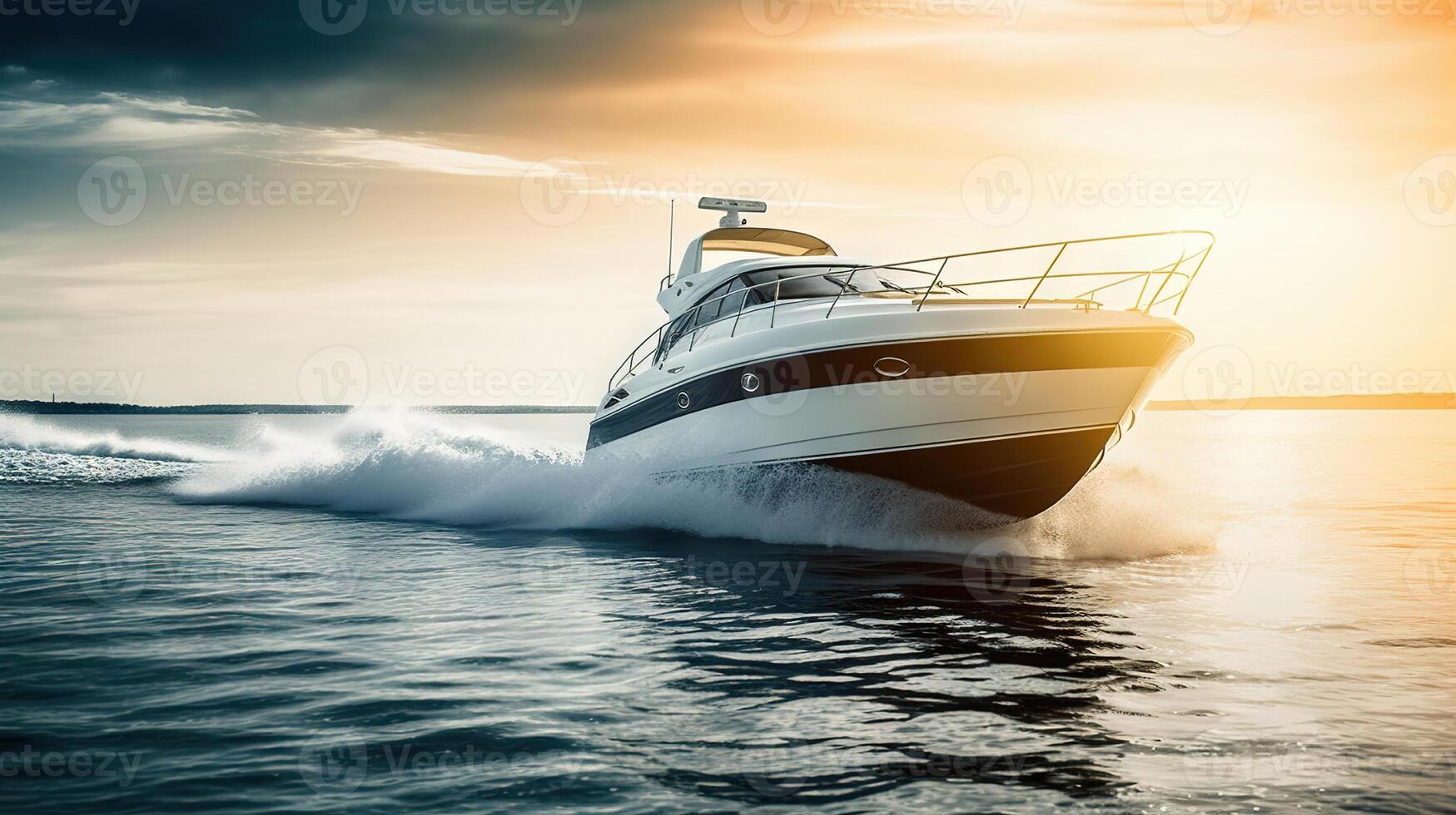 ai generado amanecer crucero en un lujoso motor barco navegación el mar. creado con generativo ai foto