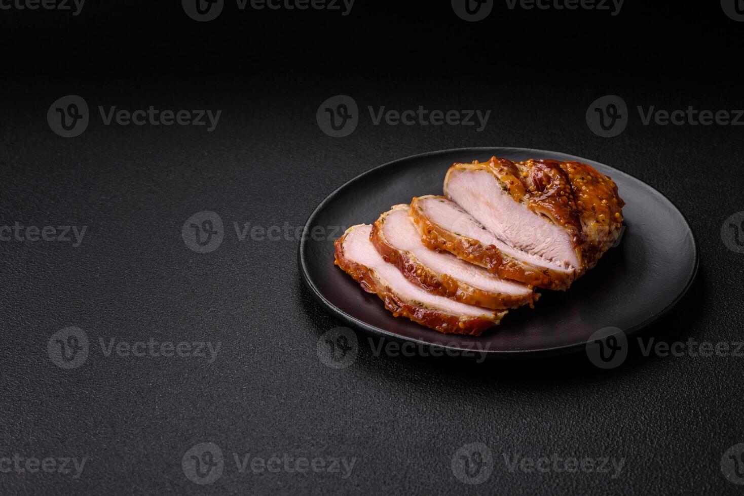 Delicious smoked ham or chicken meat with salt, spices and french mustard photo