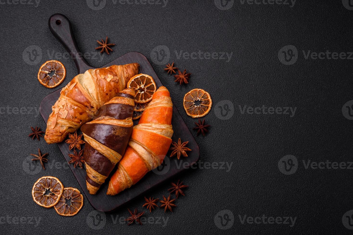 Delicious fresh, crispy French croissants with sweet filling photo