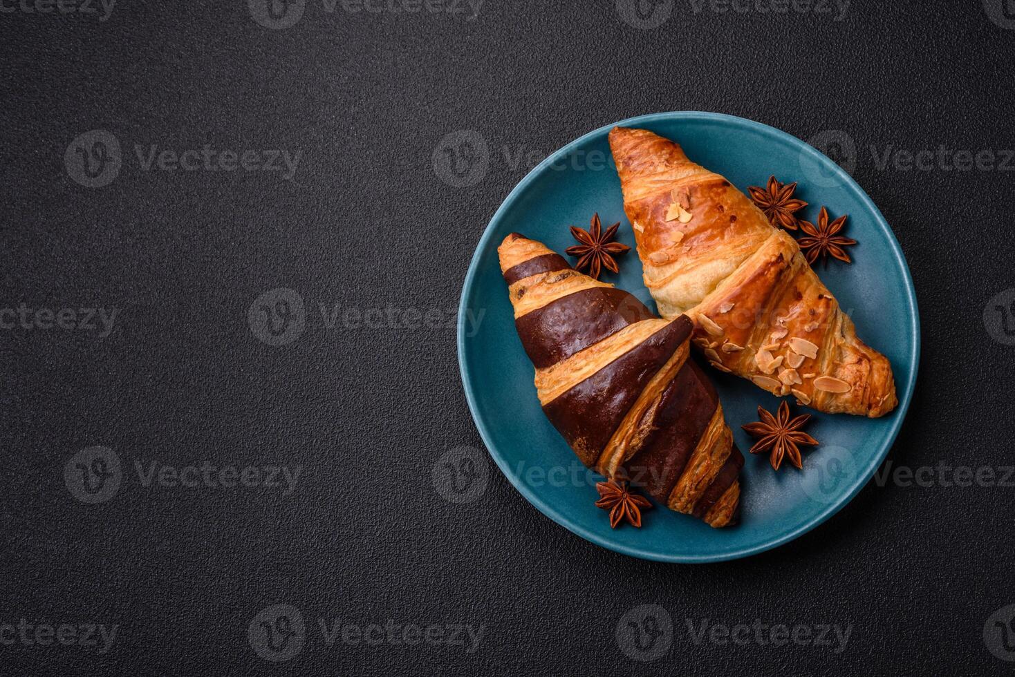 Delicious fresh, crispy French croissants with sweet filling photo