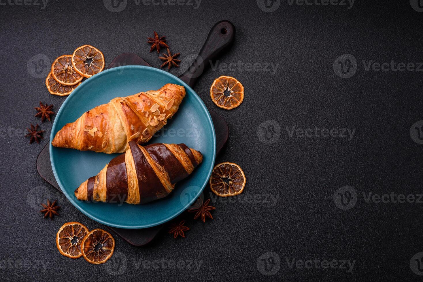 Delicious fresh, crispy French croissants with sweet filling photo