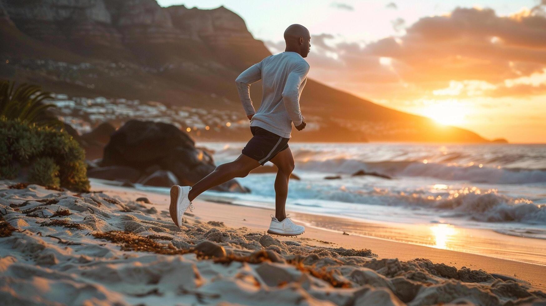 AI generated A runner stretching before a morning jog along the beach photo