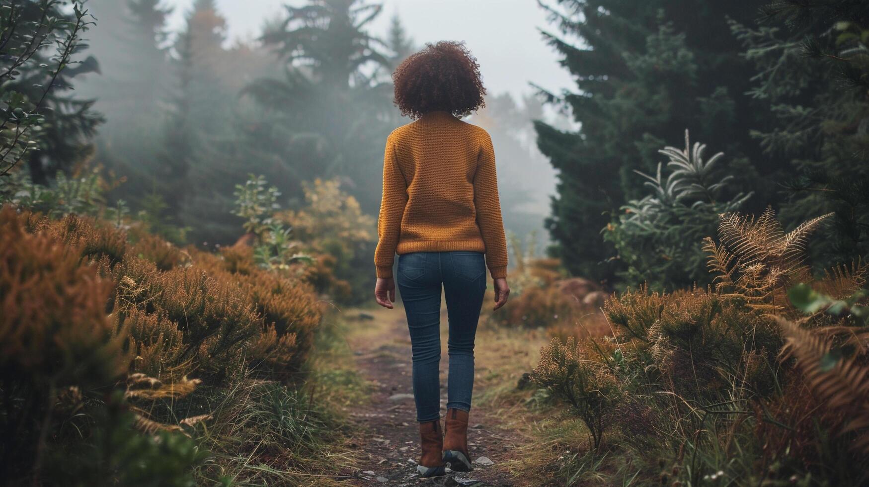 ai generado un mujer practicando atención plena mientras caminando mediante un bosque foto