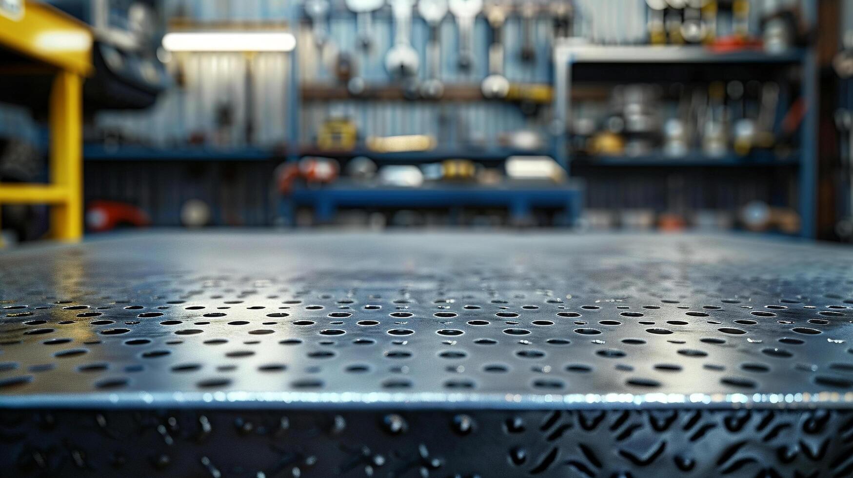 AI generated A metal blank tabletop with blurred automotive tools and parts in the background suitable for promoting automotive products photo