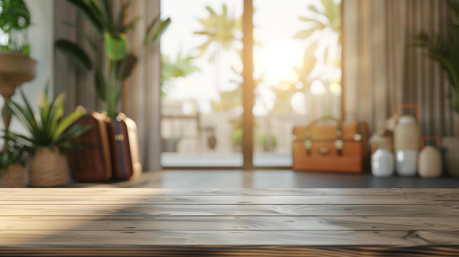 AI generated A blank glass tabletop with blurred travel accessories and luggage in the background suitable for showcasing travel related products photo