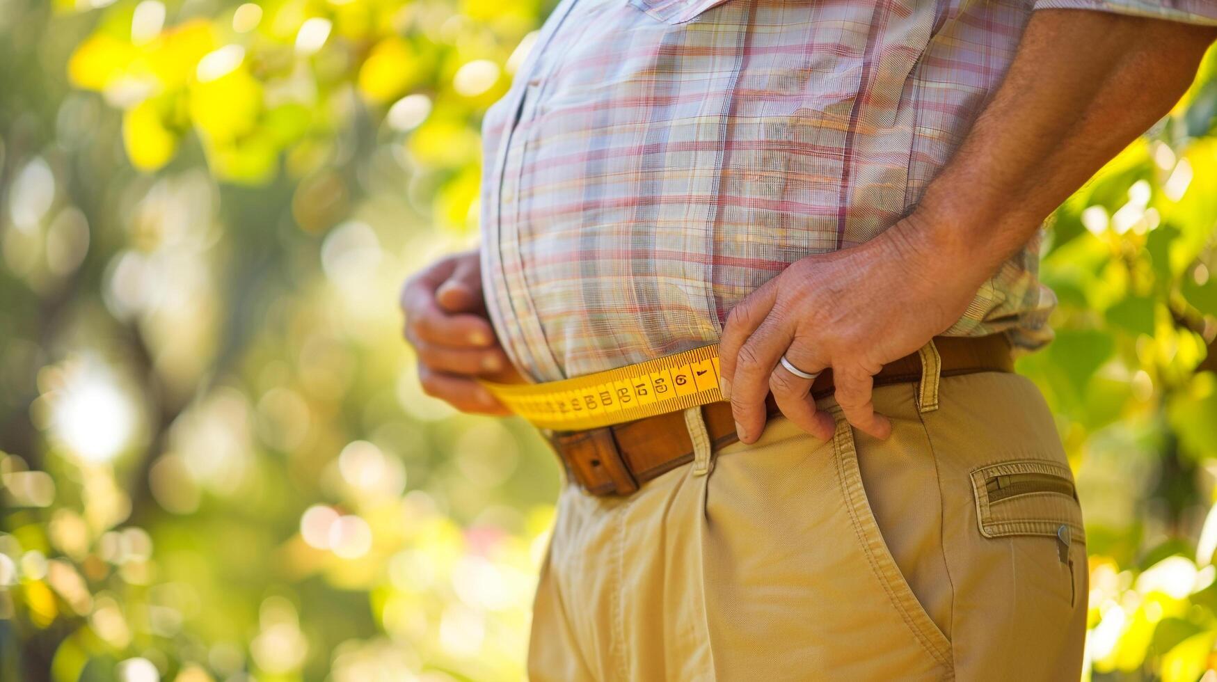 AI generated A man measuring his waistline as part of a weight management program photo
