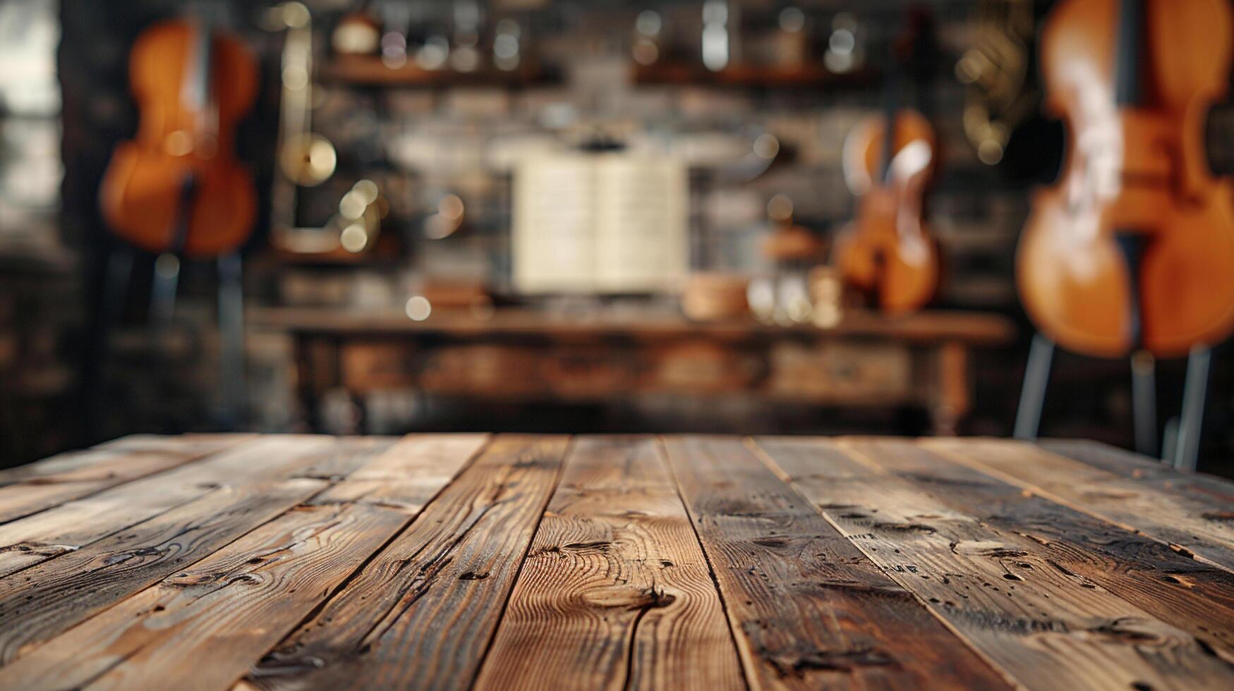 AI generated A blank wooden tabletop with blurred musical instruments and sheet music in the background ideal for promoting music related products photo