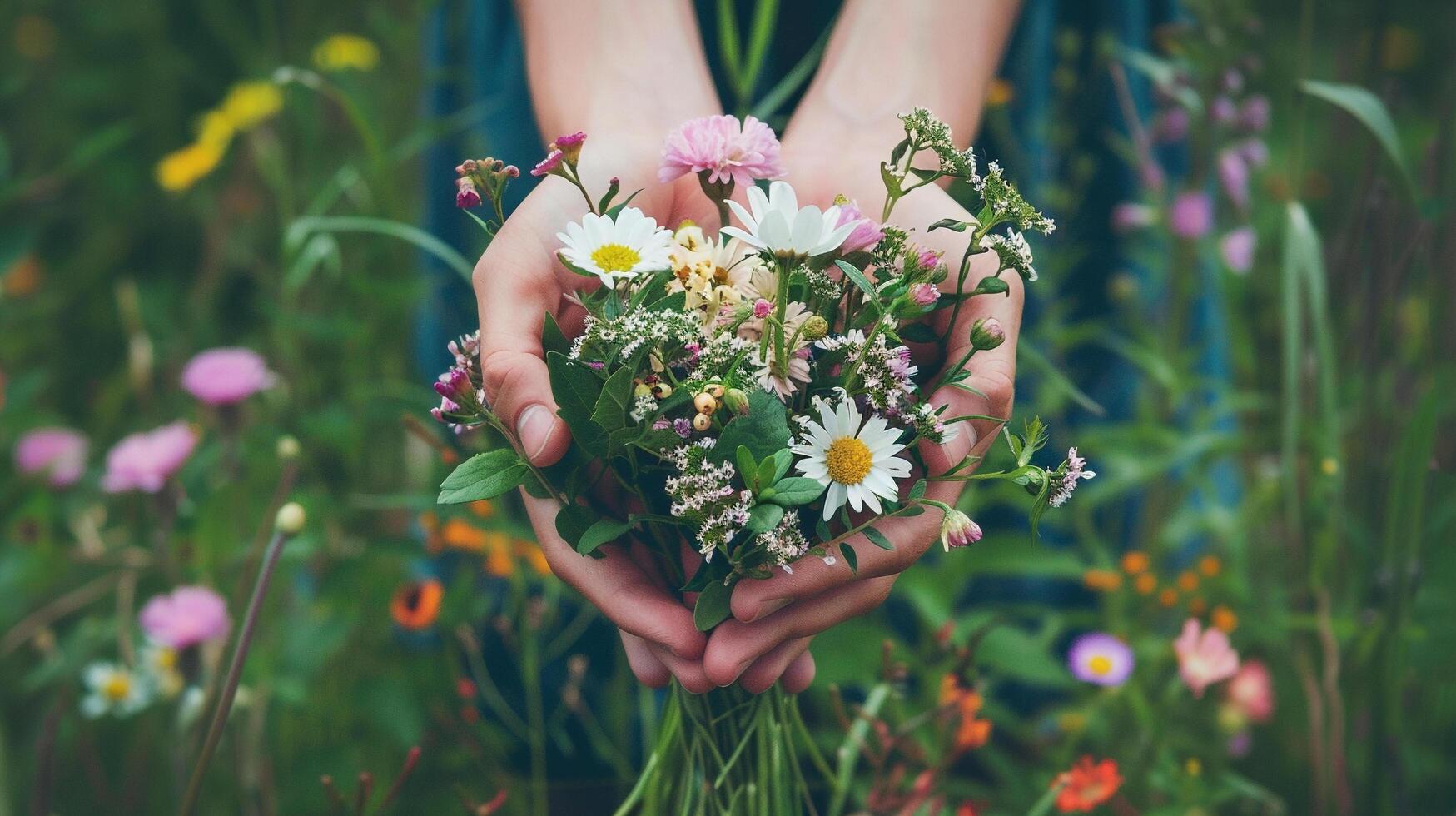 ai generado un par de manos participación un recién escogido ramo de flores de flores silvestres en contra un fondo de lozano primavera follaje foto