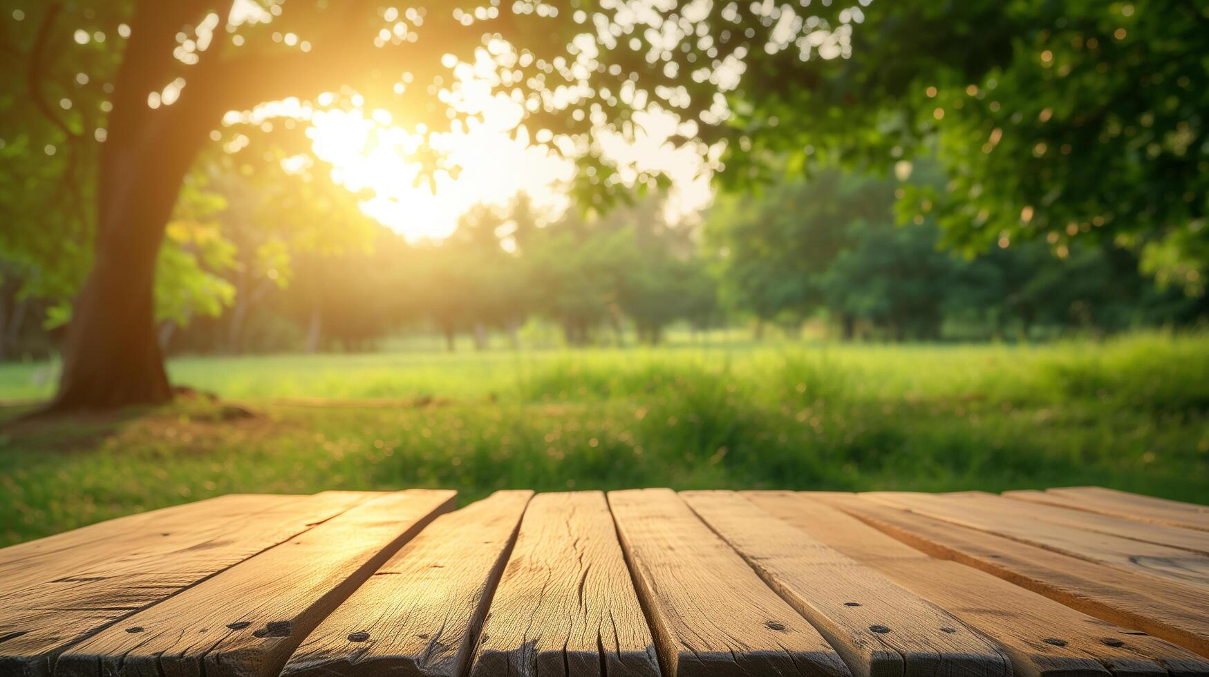 ai generado resumen vacío de madera escritorio mesa con Copiar espacio terminado primavera y verano borroso fondo, monitor para producto montaje foto