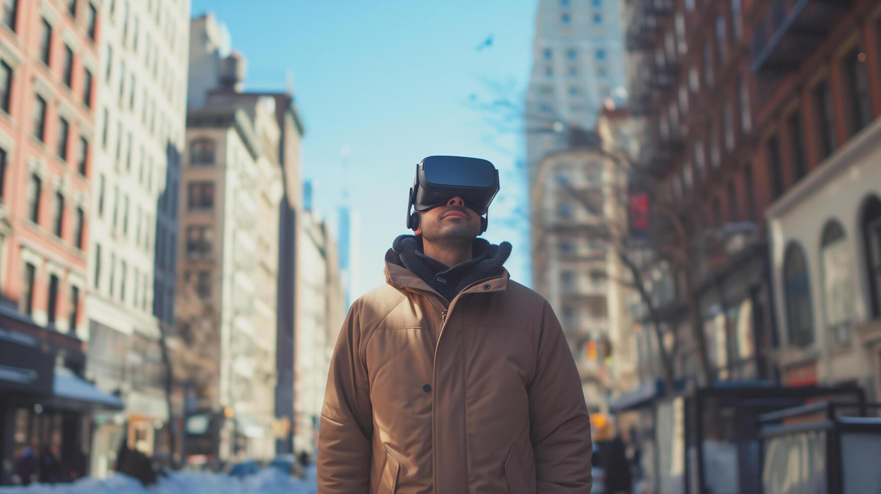 AI generated Young man using VR virtual reality glasses while walking in city street, lifestyle and technology concept photo