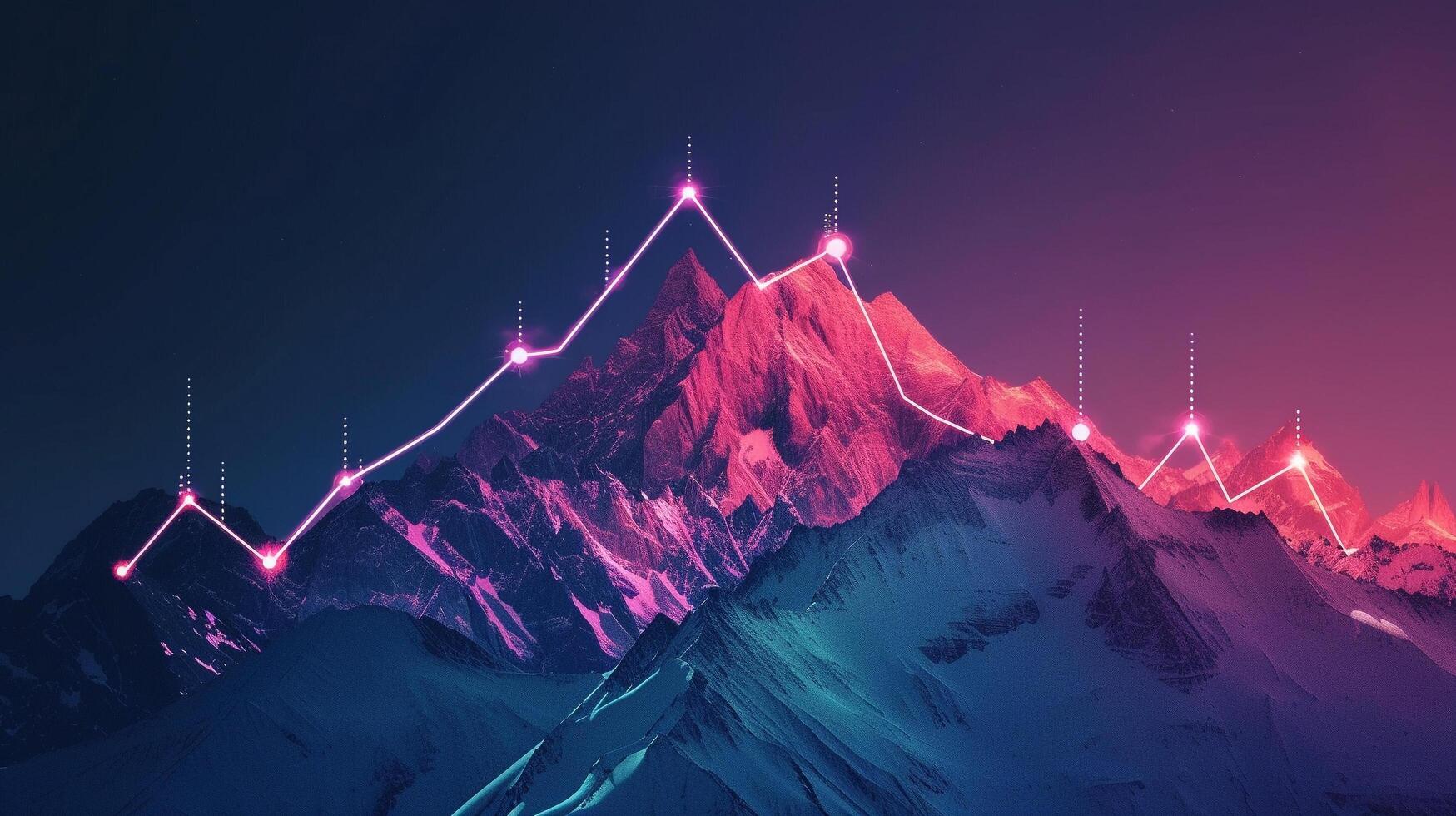 AI generated Success concept background about business success using mountain peaks and neon dot line to the top photo