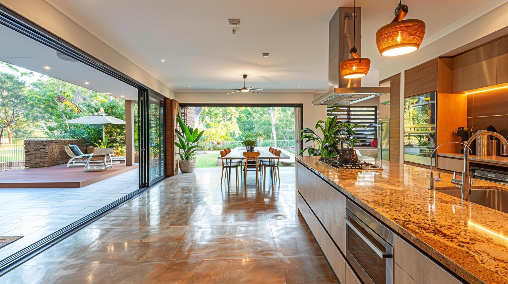 AI generated Bulk head inside a modern kitchen with stone bench interior design photo