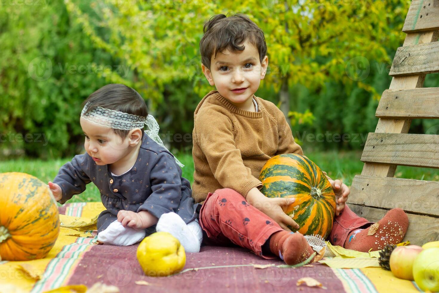 el pequeño niños son jugando en el parque con frutas, pequeño niña y chico en el otoño parque foto