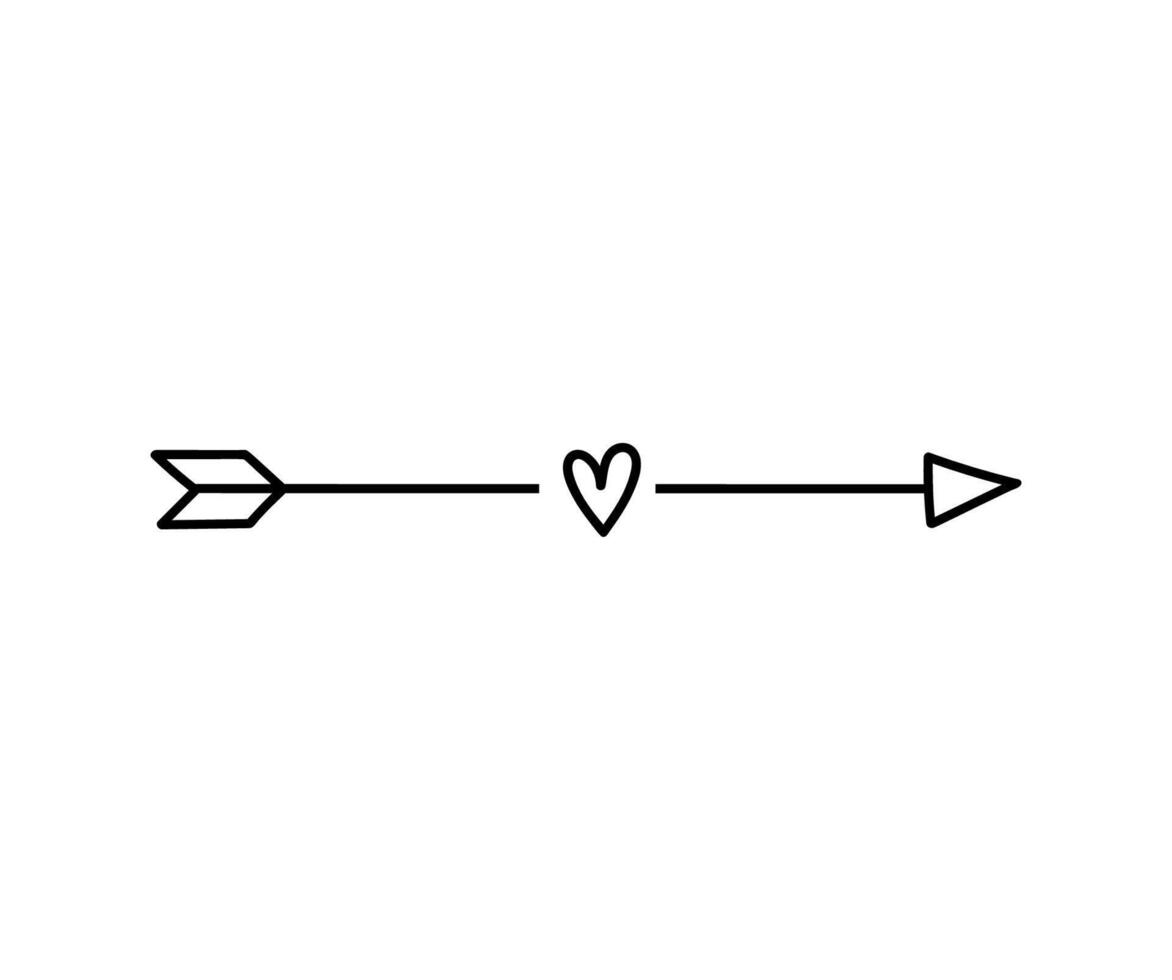 Cute doodle arrow with heart isolated on white background. Vector hand-drawn illustration. Perfect for Valentine's Day designs, cards, invitations, decorations.