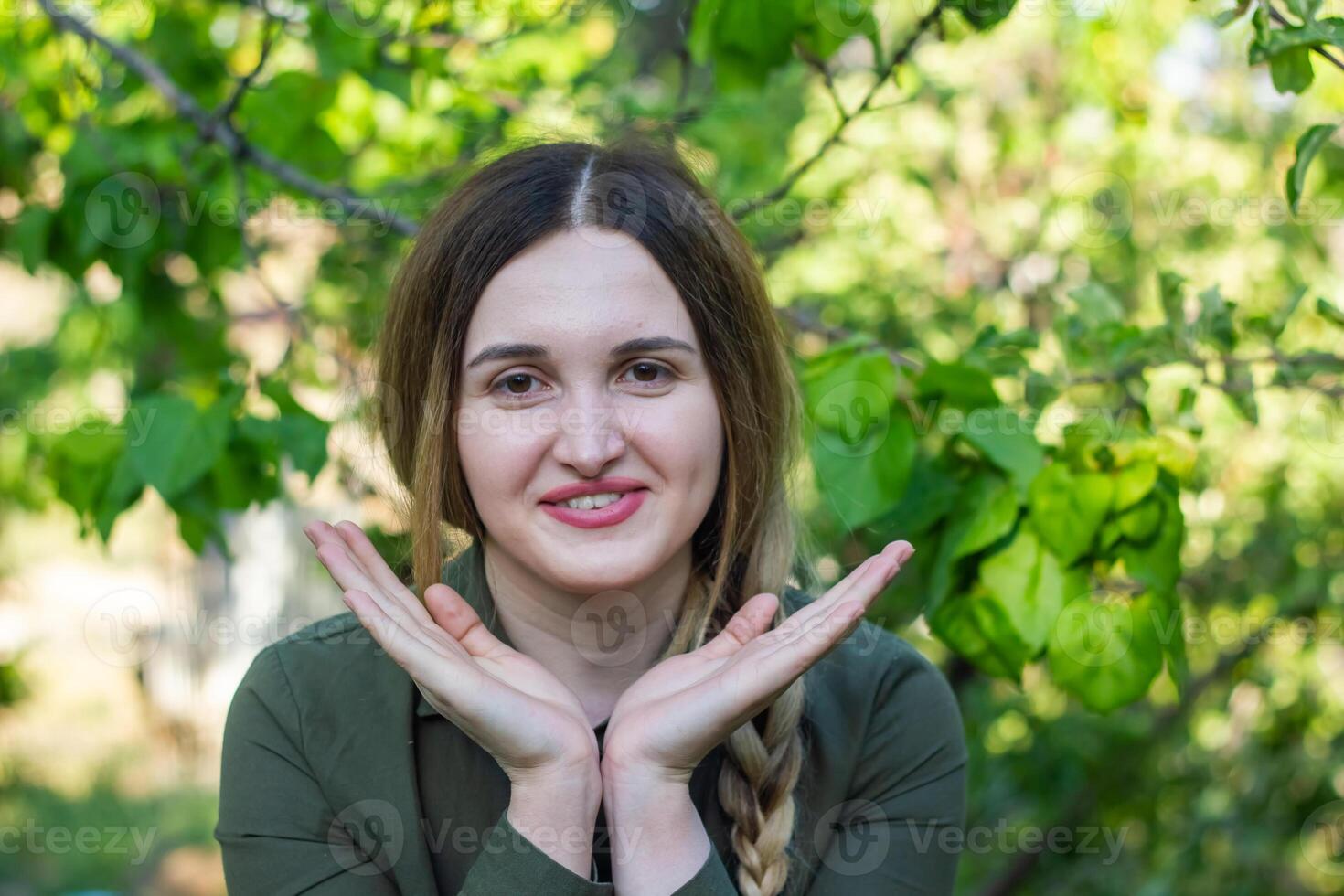 pretty young woman in the nature, summer scenery photo