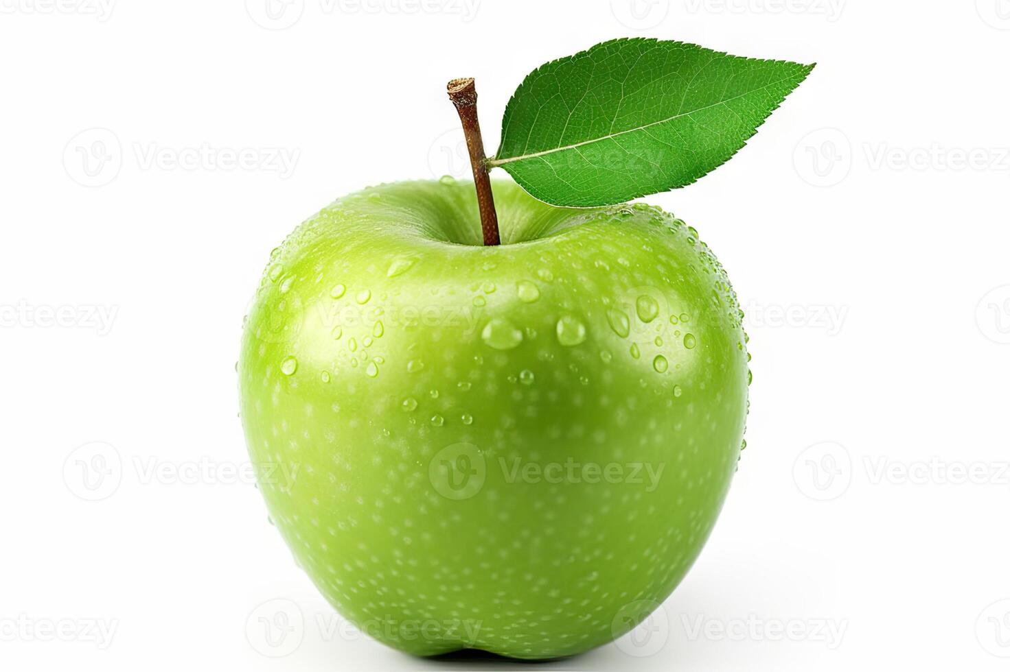 ai generado Fresco verde manzana con hoja en blanco antecedentes. creado con generativo ai foto