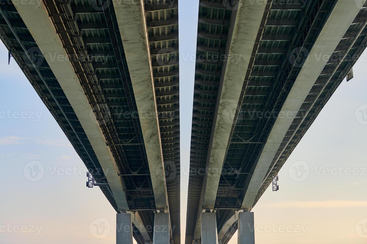 Concrete bridge bottom view in Rostov on Don city over river Don, concrete Voroshilovsky bridge photo