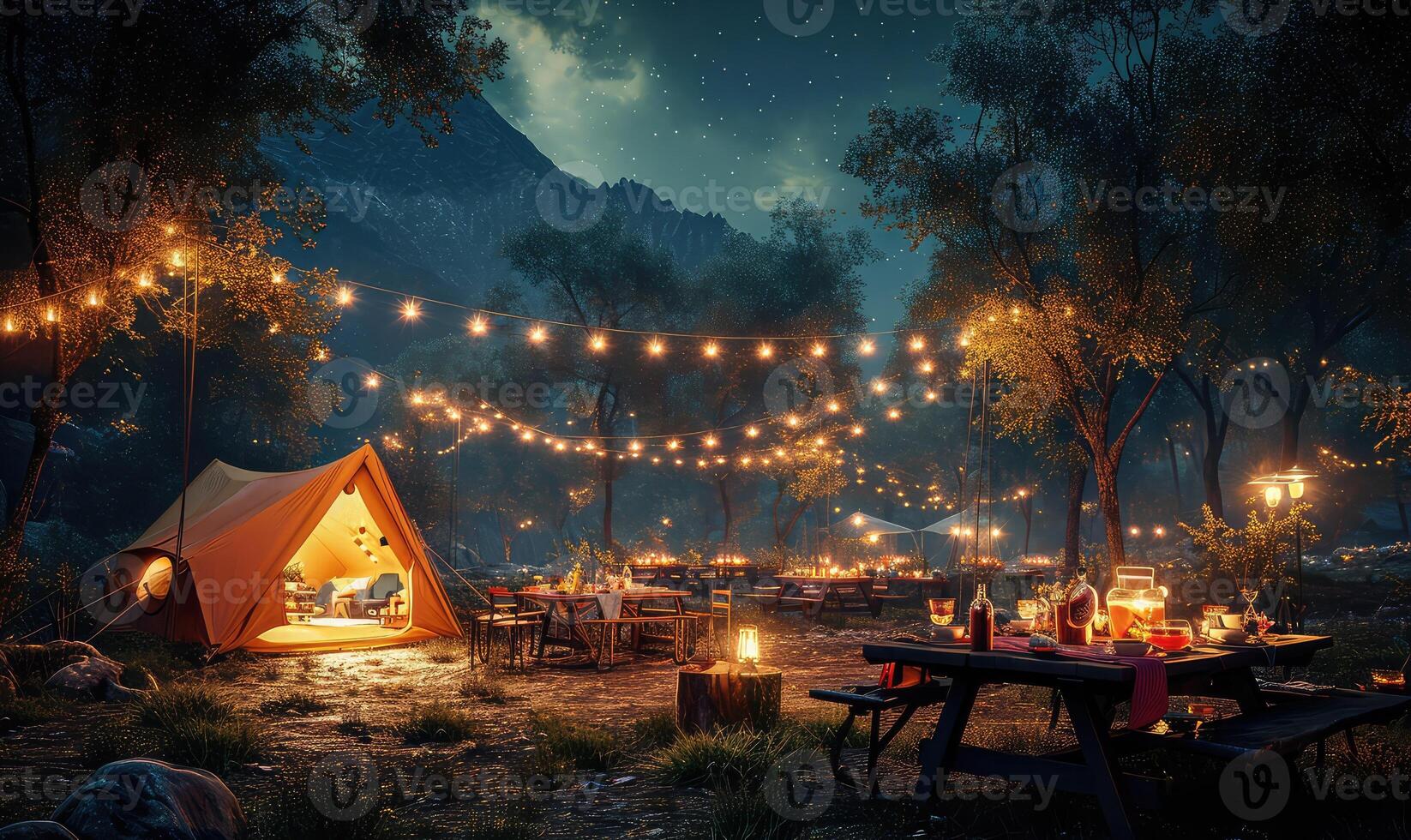 AI generated Outdoor camping with tables and cocktails and delicious food nice and realistic photo style