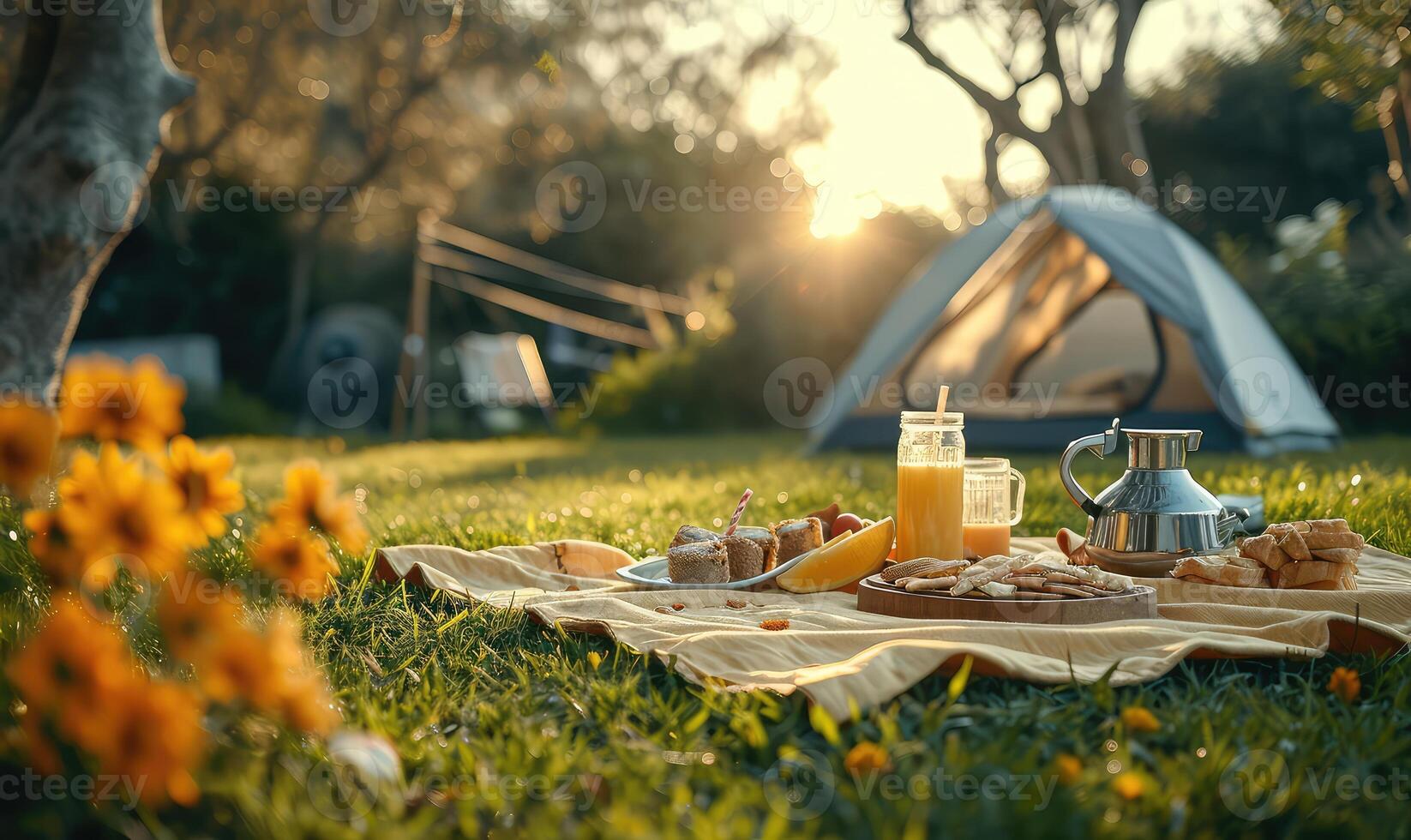 AI generated green lawn, there is a light yellow picnic cloth with a white tent next to it. There are snacks and drinks photo