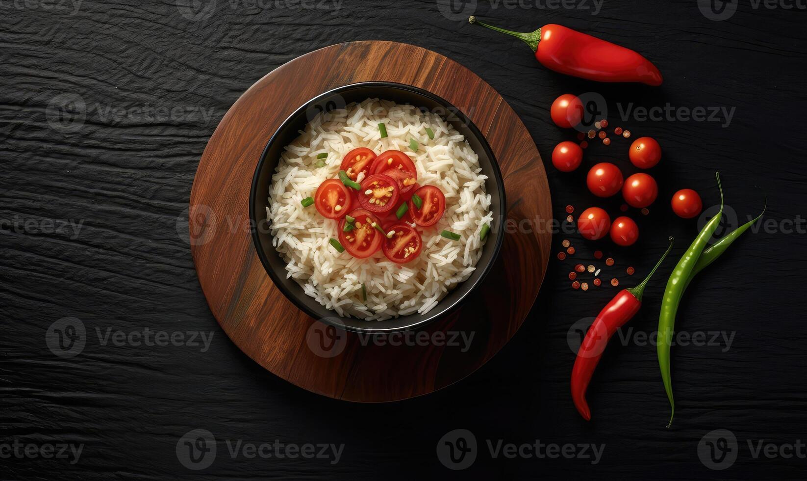 AI generated bowl of rice and chilli pepper on blackboard flat lay view photo