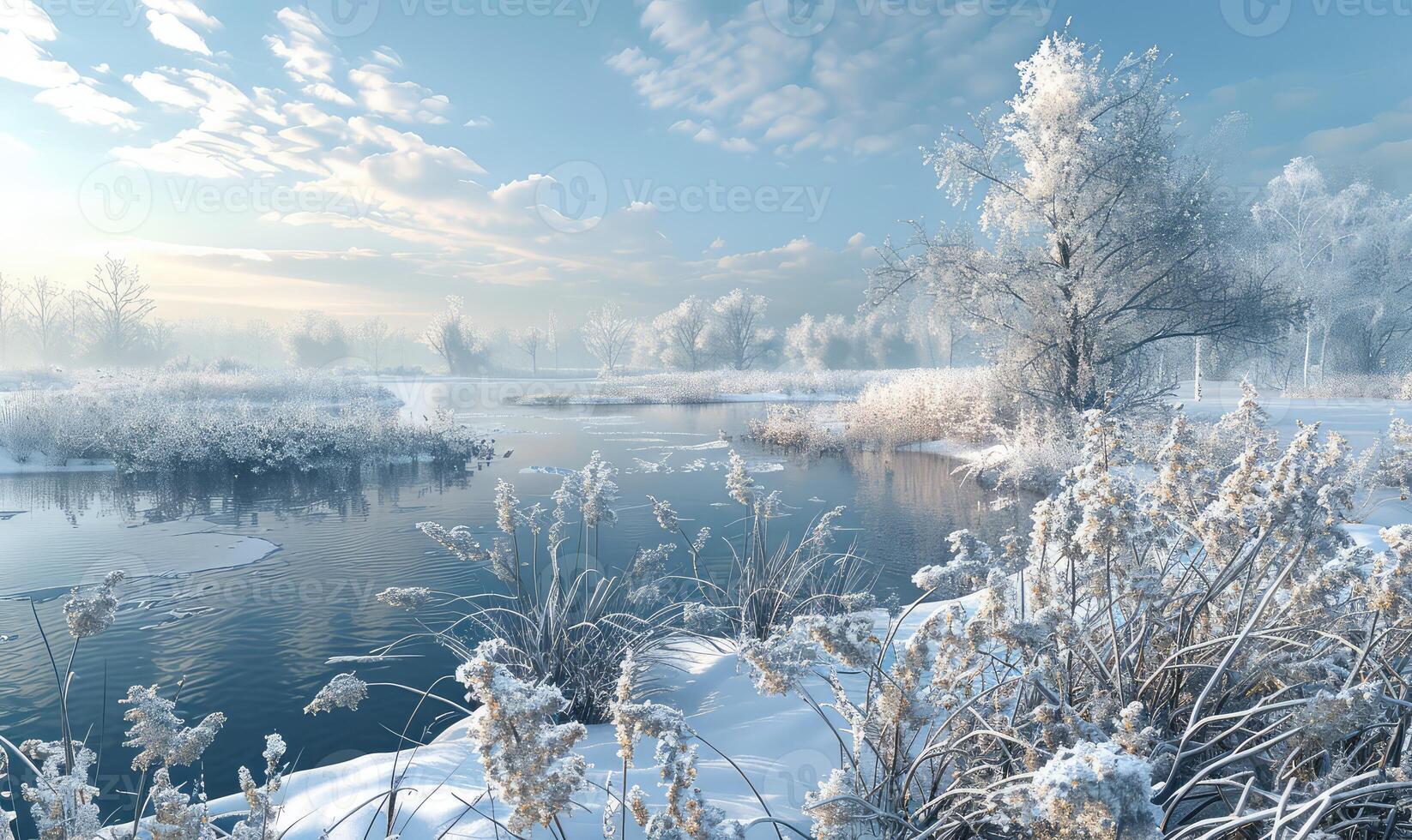 ai generado invierno paisaje con nieve cubierto arboles y río foto