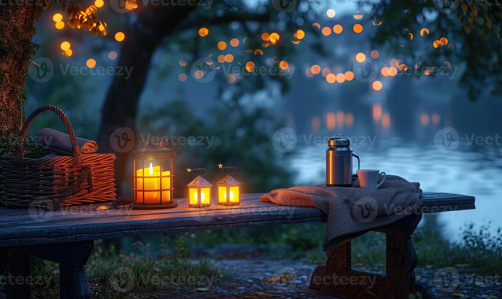 AI generated Take summer photos after the sun goes down. Park bench, candles, picnic basket, beautiful scenery