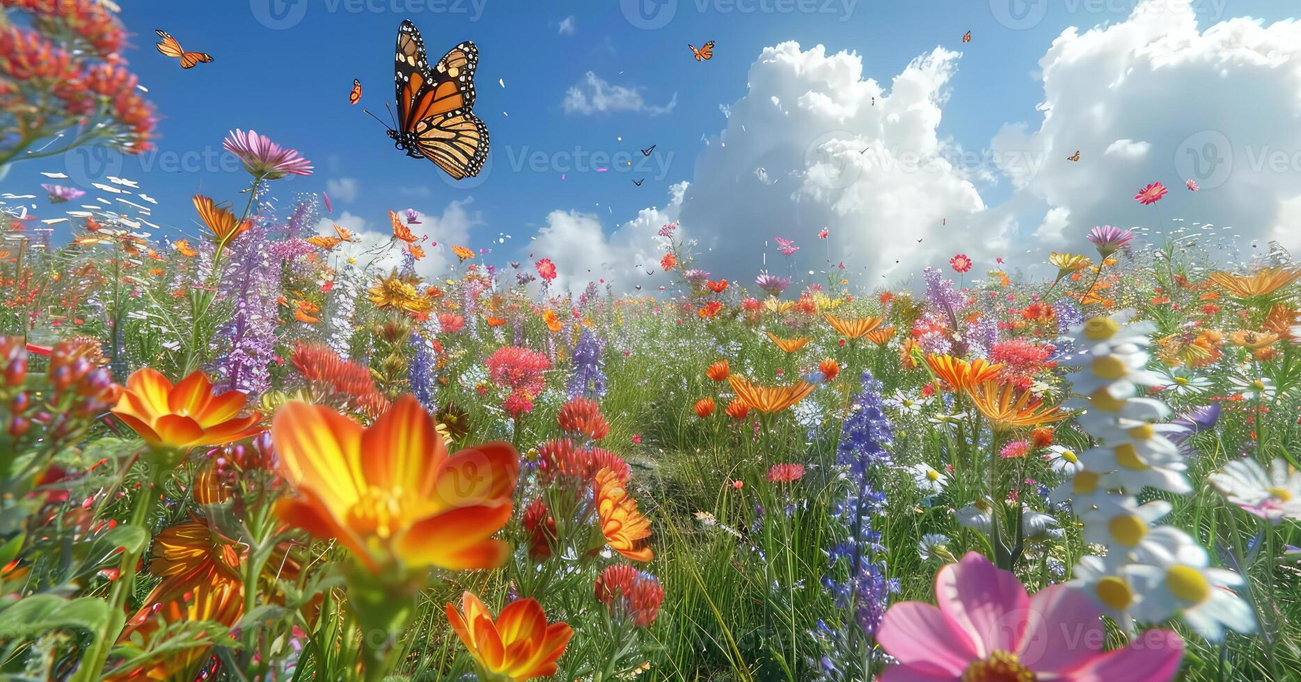 ai generado un campo de flores y mariposas con un azul cielo foto