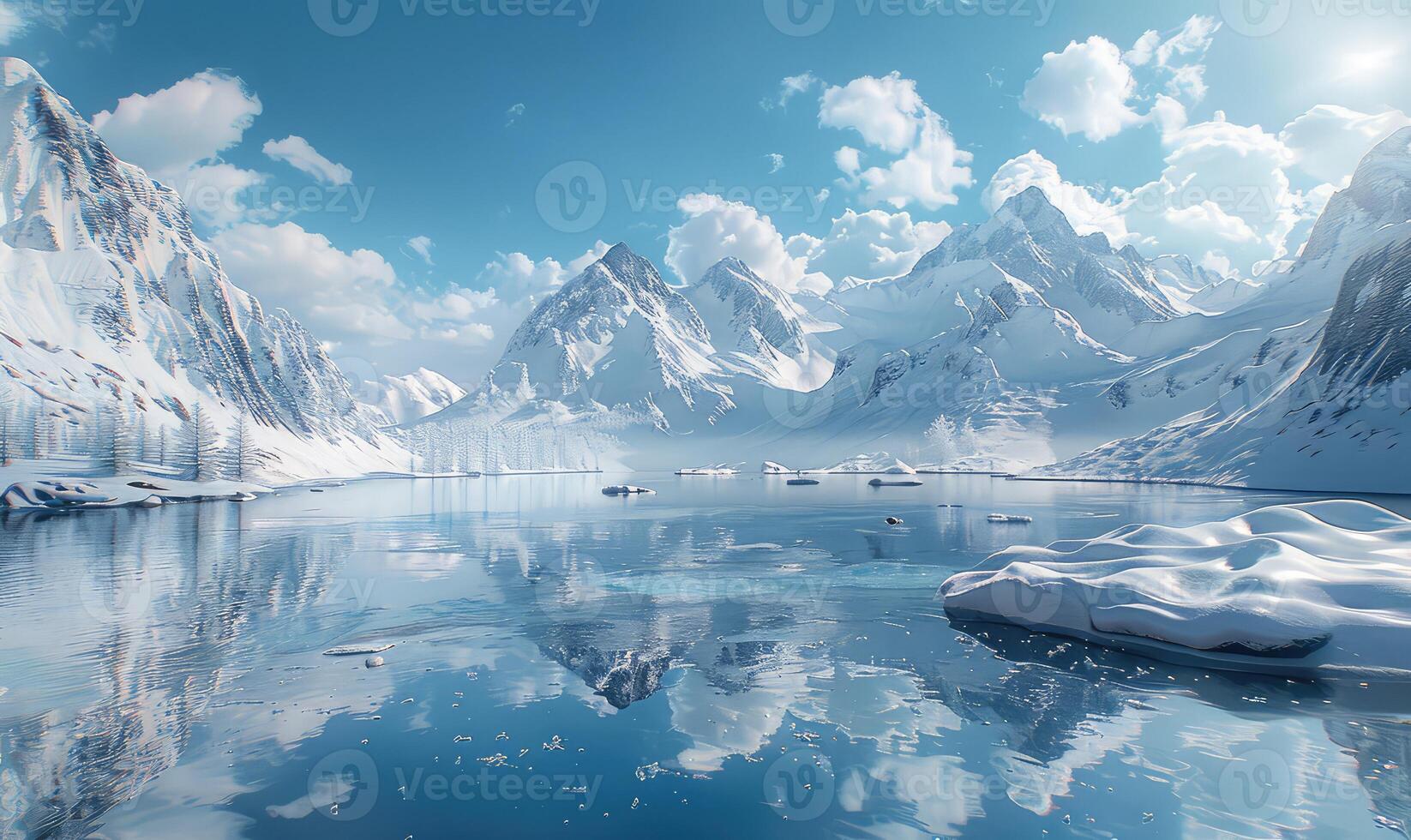 AI generated a beautiful winter landscape with snow covered mountains photo