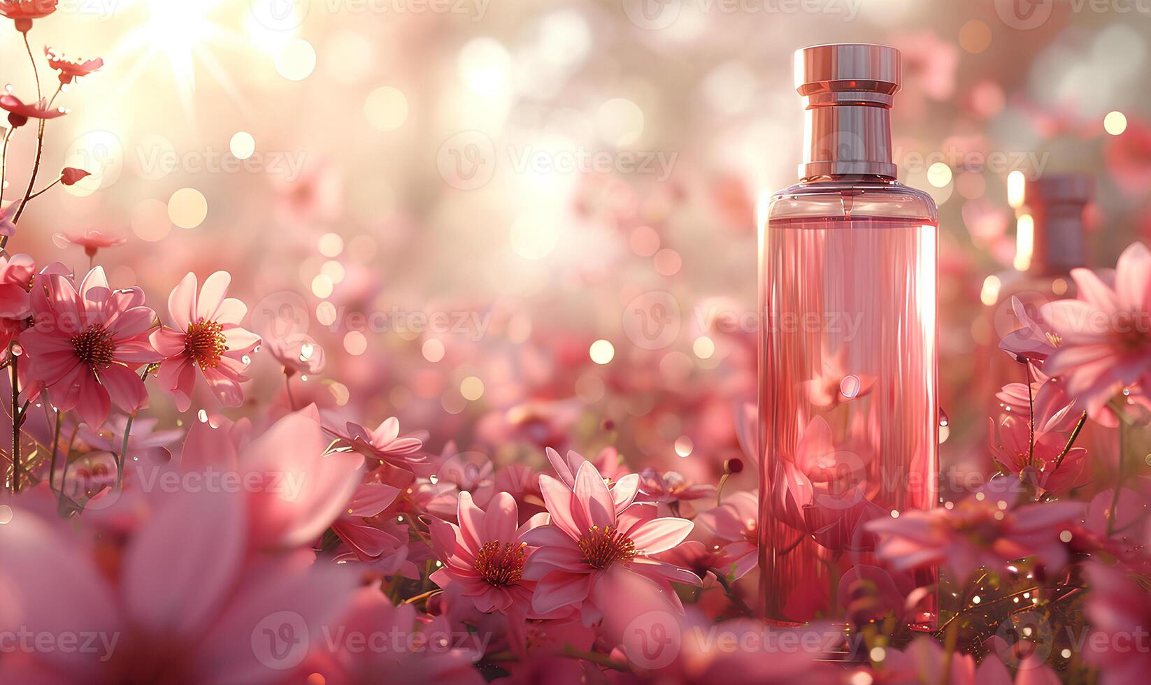 ai generado cosmético botellas con rosado flores en de madera mesa al aire libre. belleza tratamiento foto