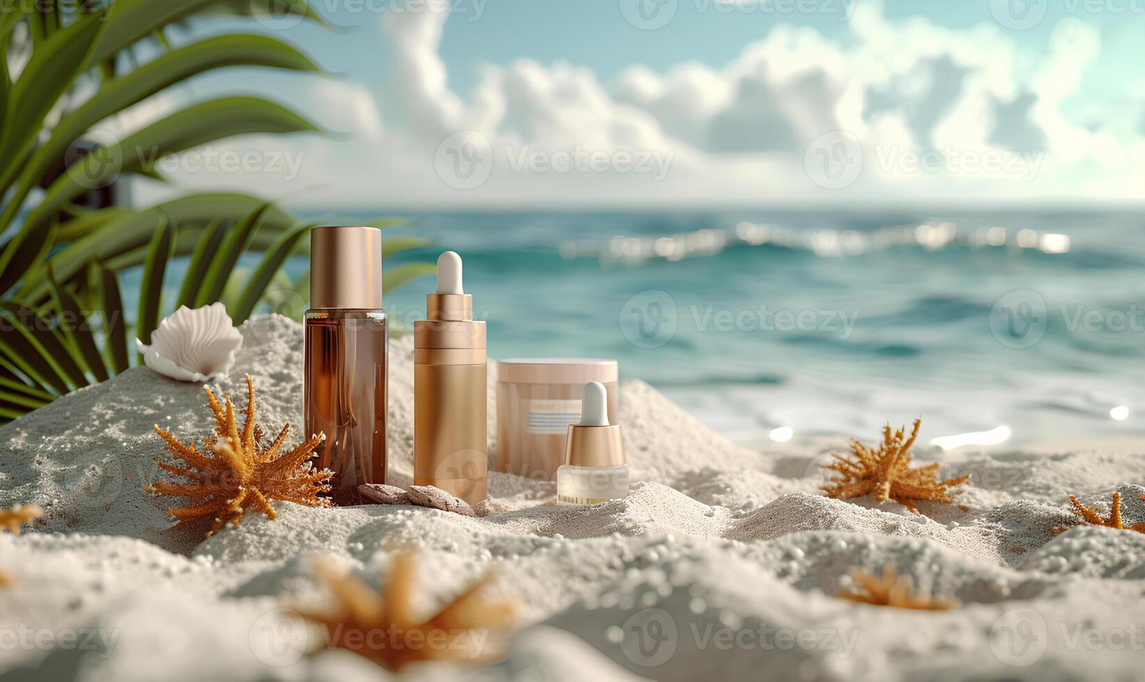 ai generado productos cosméticos en el playa. piel cuidado, vacaciones y viaje concepto. foto