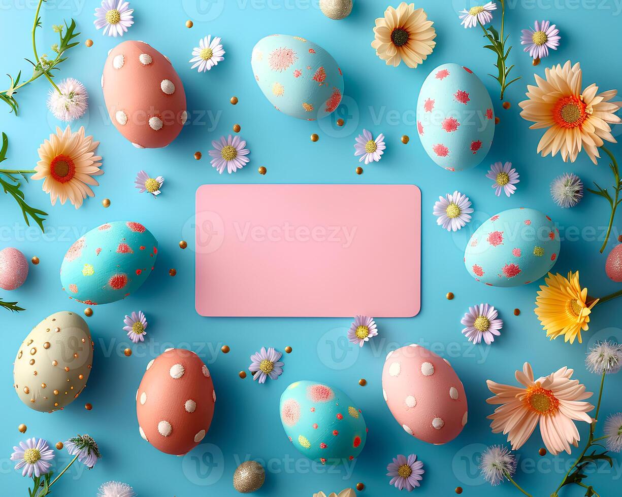 AI generated Easter cartoon color eggs with copyspace, easter wallpaper photo