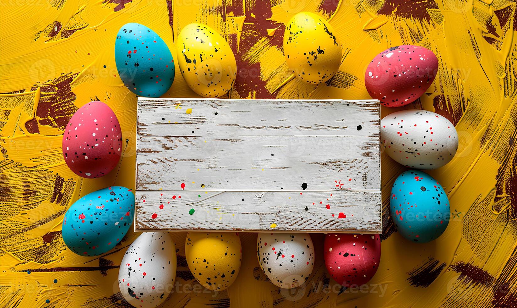 AI generated Easter cartoon color eggs with copyspace, easter wallpaper photo