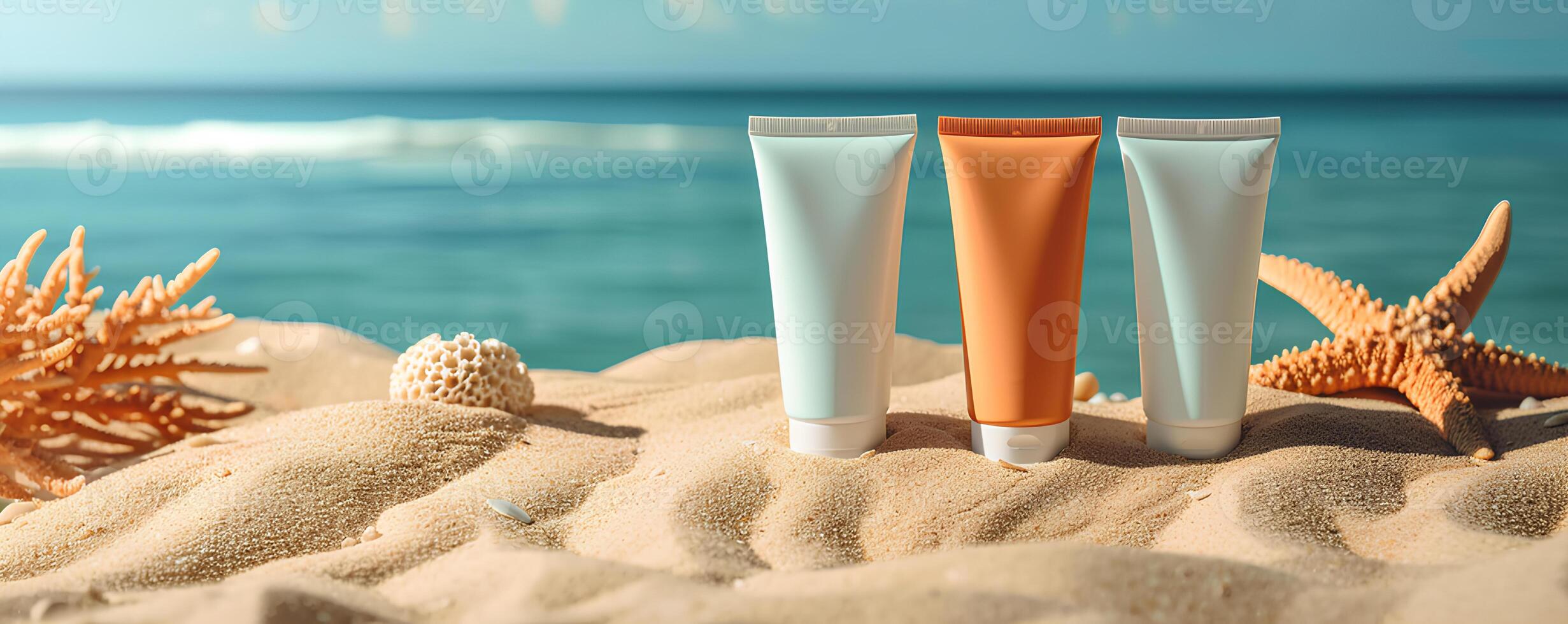 AI generated Cosmetics on the beach. Skin care, Vacation and travel concept. photo