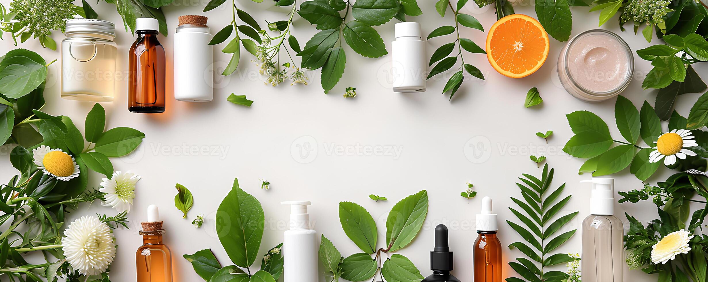 AI generated mockup of plastic packaging and bottles with natural organic cosmetics on the light background, top view photo
