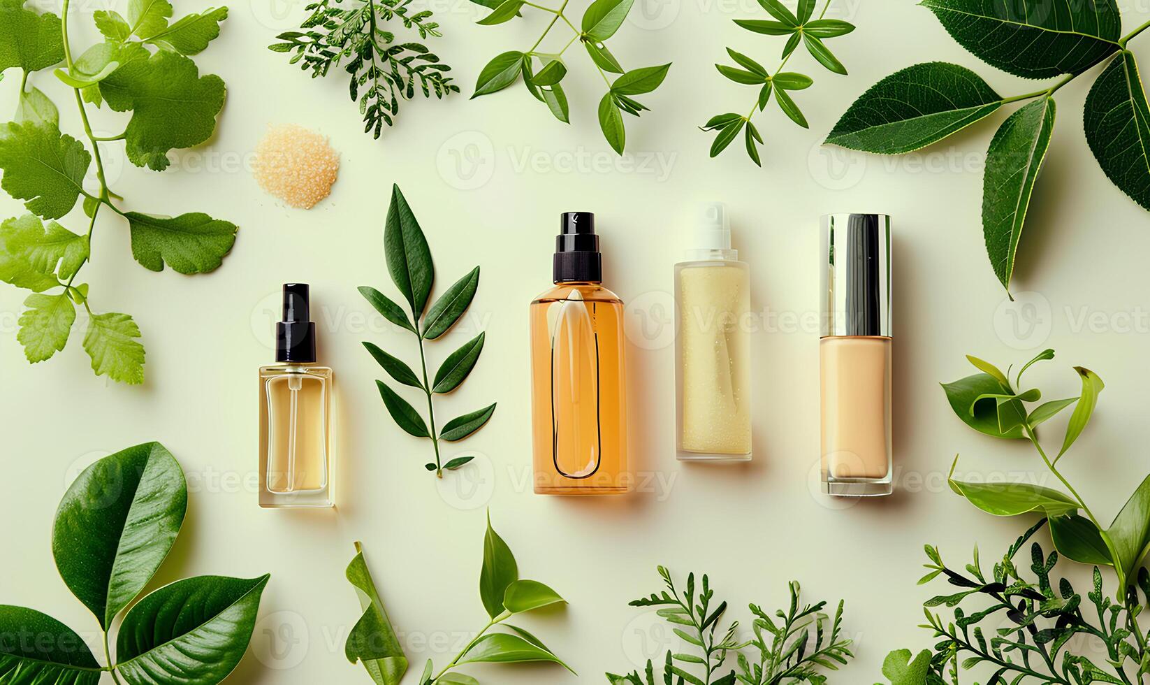 AI generated mockup of plastic packaging and bottles with natural organic cosmetics on the light background, top view photo