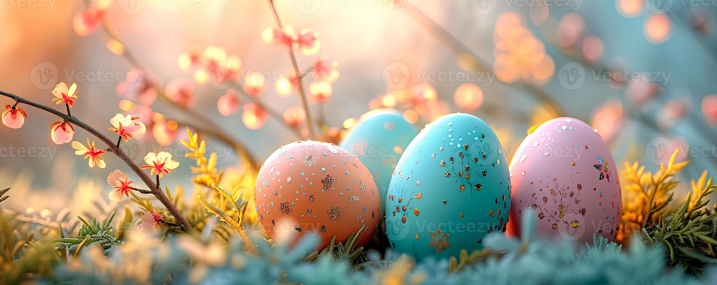 AI generated Easter background with colored eggs photo