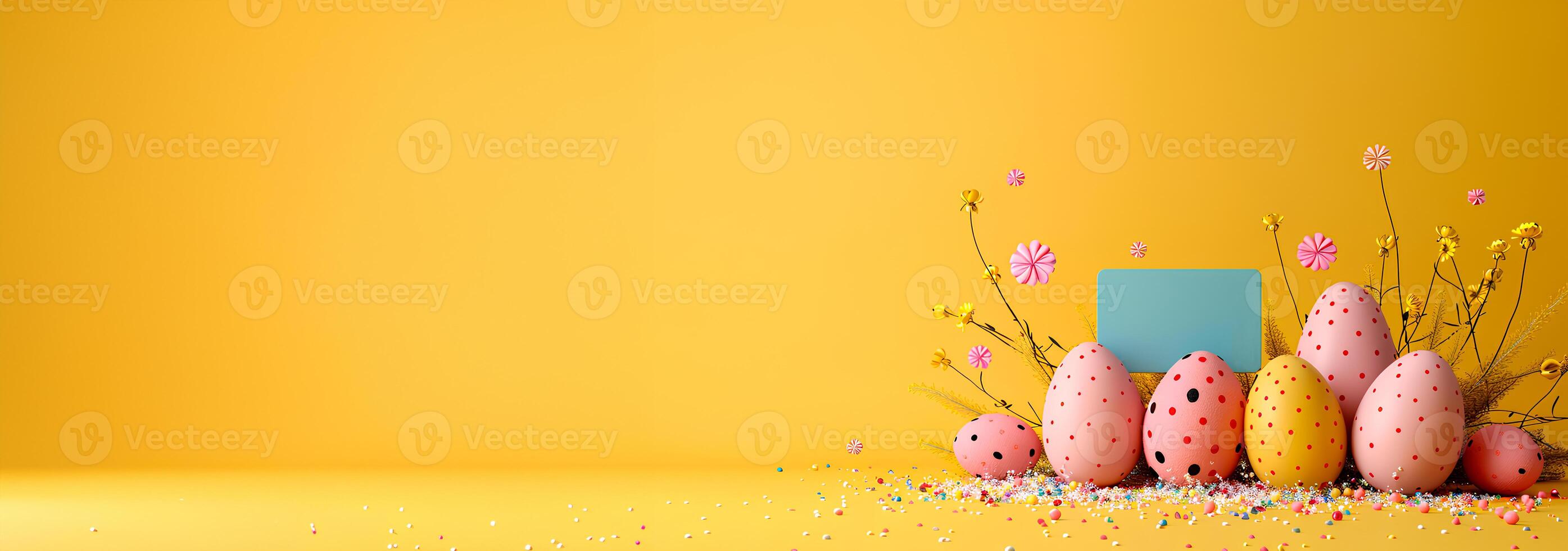 AI generated Easter cartoon color eggs with copyspace, easter wallpaper photo