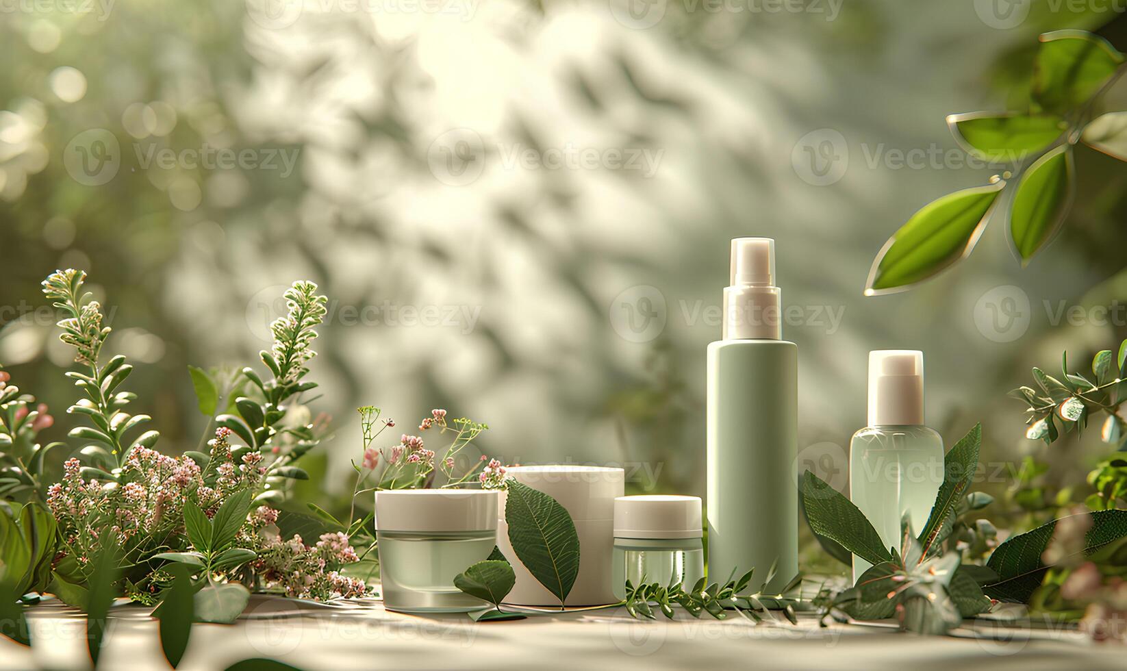 AI generated mockup of plastic packaging and bottles with natural organic cosmetics on the bathroom light background photo