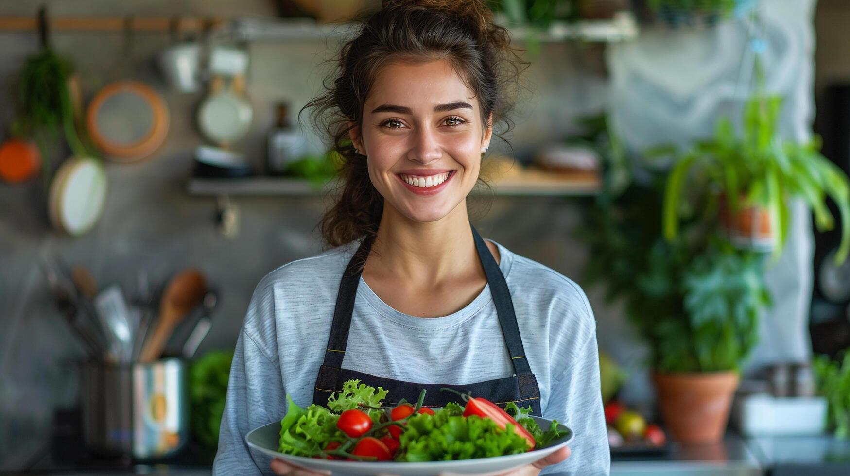 AI generated A smiling nutritionist holding a plate of healthy food photo