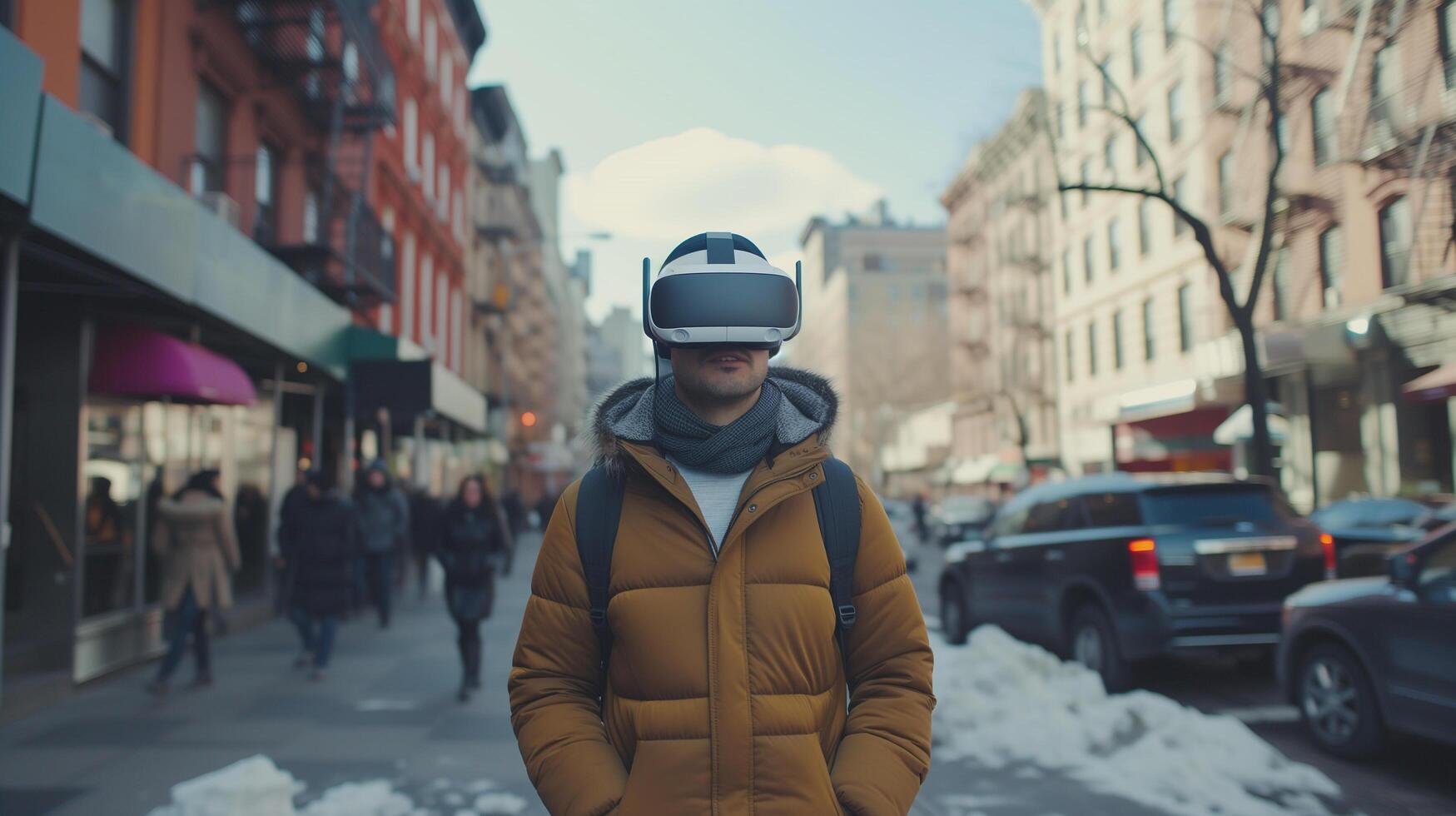 AI generated Young man using VR virtual reality glasses while walking in city street, lifestyle and technology concept photo