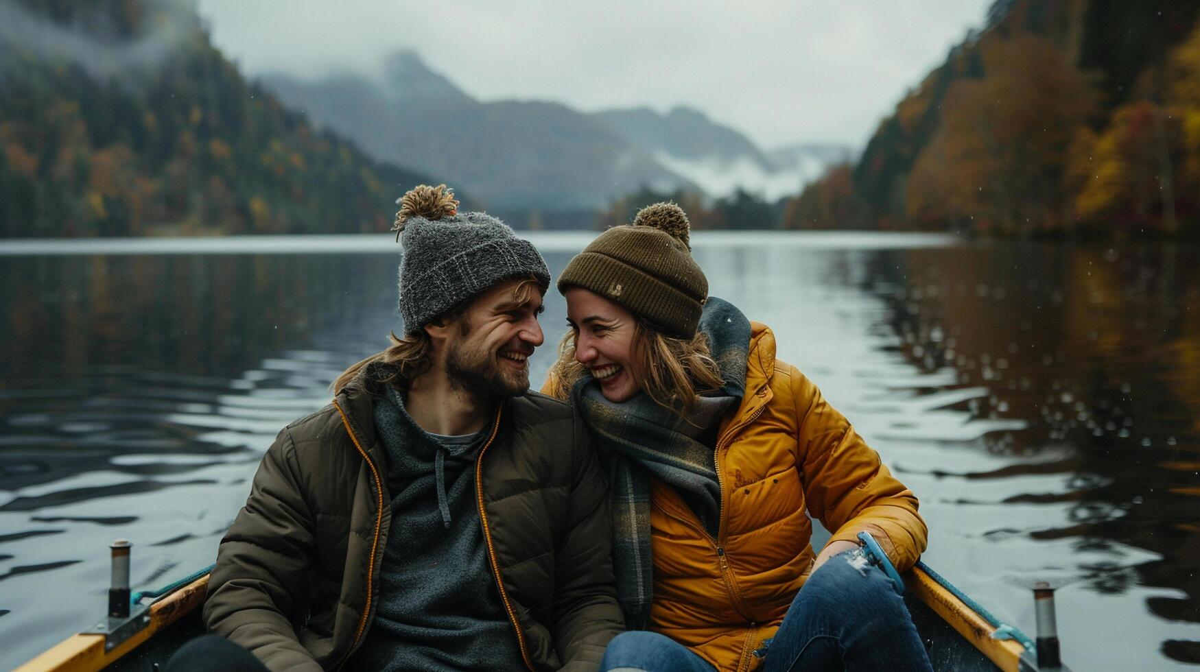 ai generado un joven Pareja riendo y disfrutando un barco paseo en un tranquilo lago rodeado por primavera paisaje foto