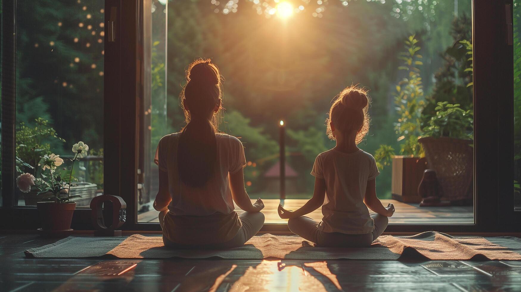 AI generated A mother and daughter practicing meditation together at home photo