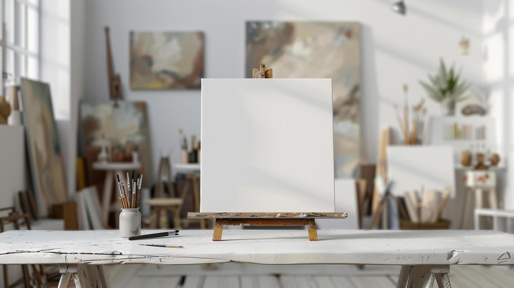 AI generated Blank white canvas on tabletop with blurred art supplies background ideal for showcasing art or craft products photo